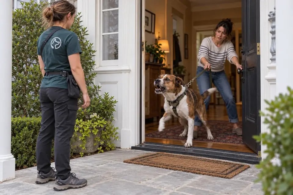 Illustrative scene of an owner restraining a barking dog at the doorway while a Koru K9 trainer stands outside.