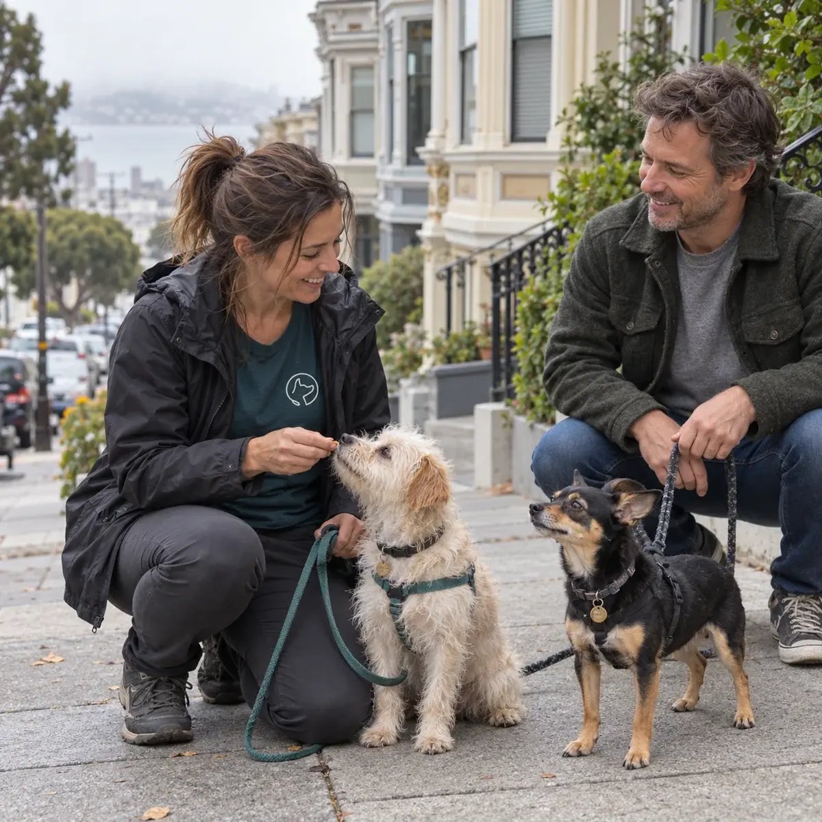 Illustrative scene of a trainer and owner working with two small dogs on a San Francisco sidewalk.