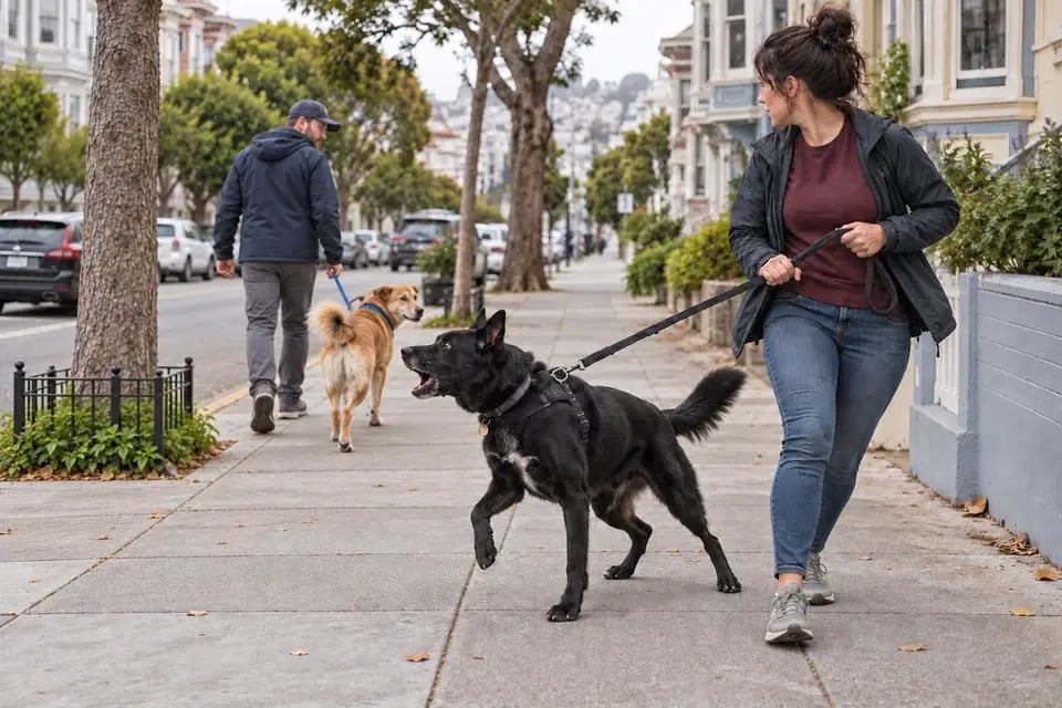 Illustrative scene of an owner restraining a barking dog while a passing owner and calm dog glance back as they walk away on a San Francisco sidewalk.