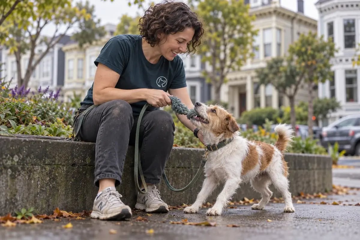 Illustrative scene of a trainer playing gently with a terrier on a San Francisco neighborhood sidewalk.