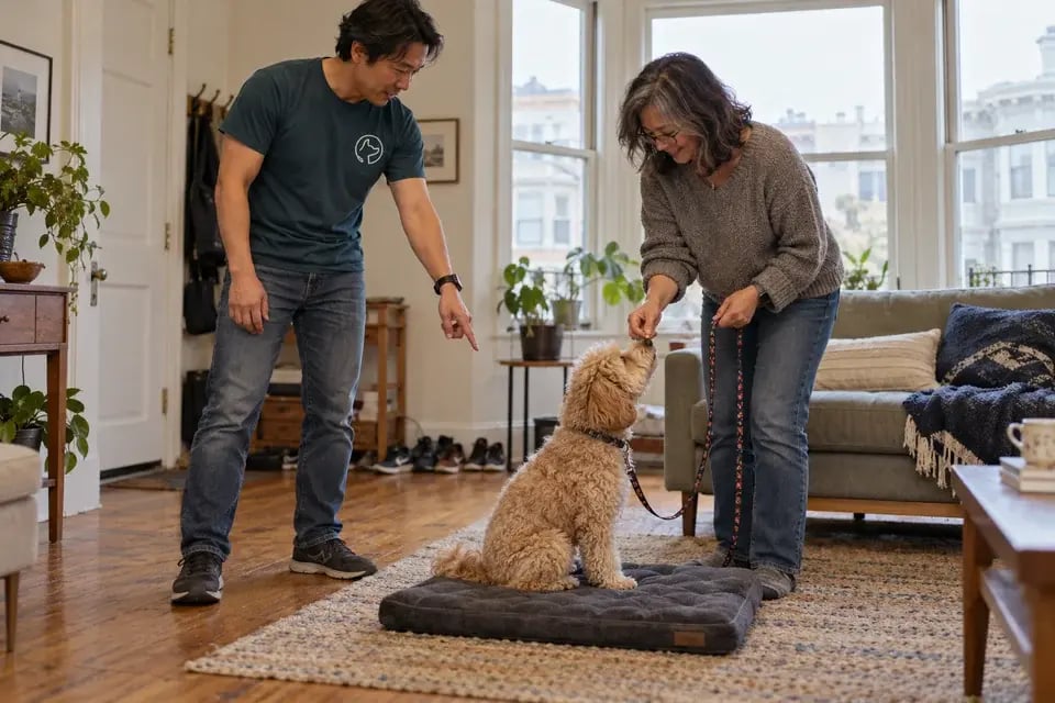 Illustrative scene of a Koru K9 trainer coaching an owner and small dog inside a San Francisco home.