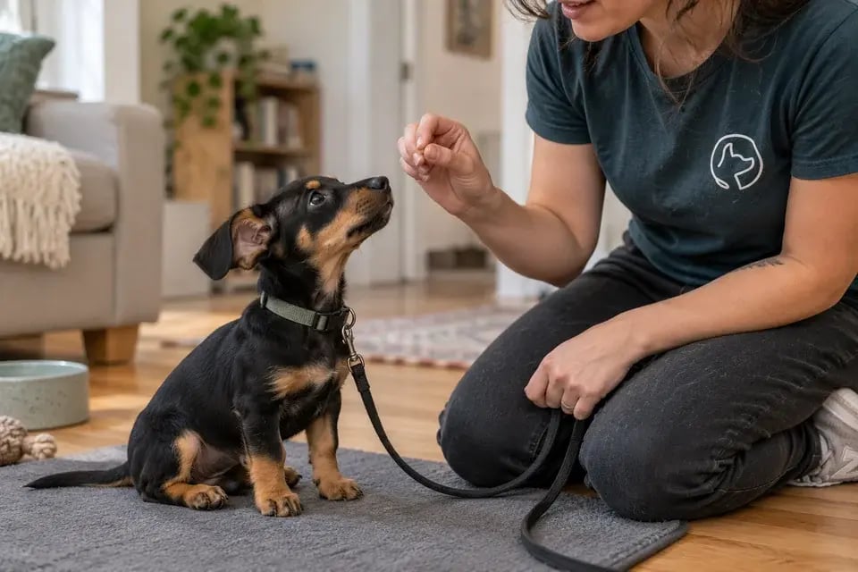 Illustrative scene of a puppy practicing a sit with a Koru K9 trainer.