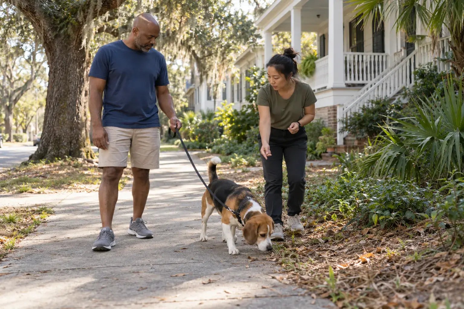 Two adults practicing leash skills with a beagle on a leafy residential sidewalk.