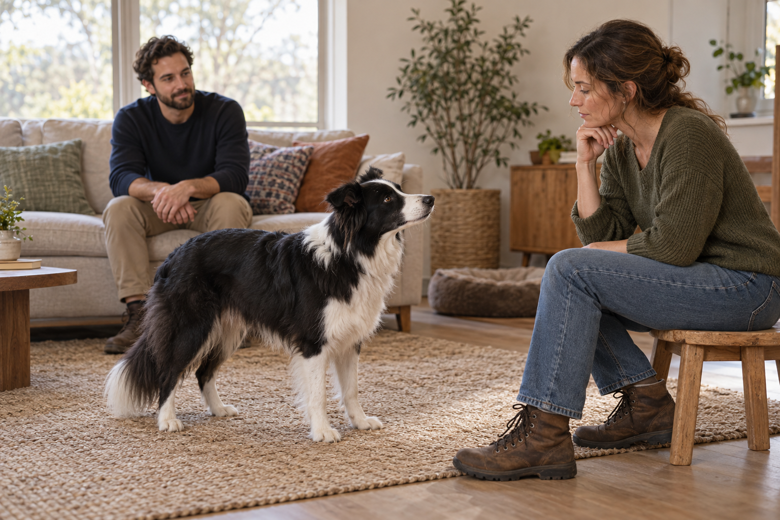 Illustrative scene of a woman observing a border collie in a living room while a man watches from the sofa.