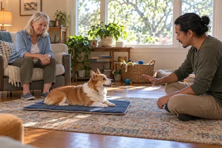 Illustrative scene of two adults practicing a settle cue with a corgi on a mat in a living room.