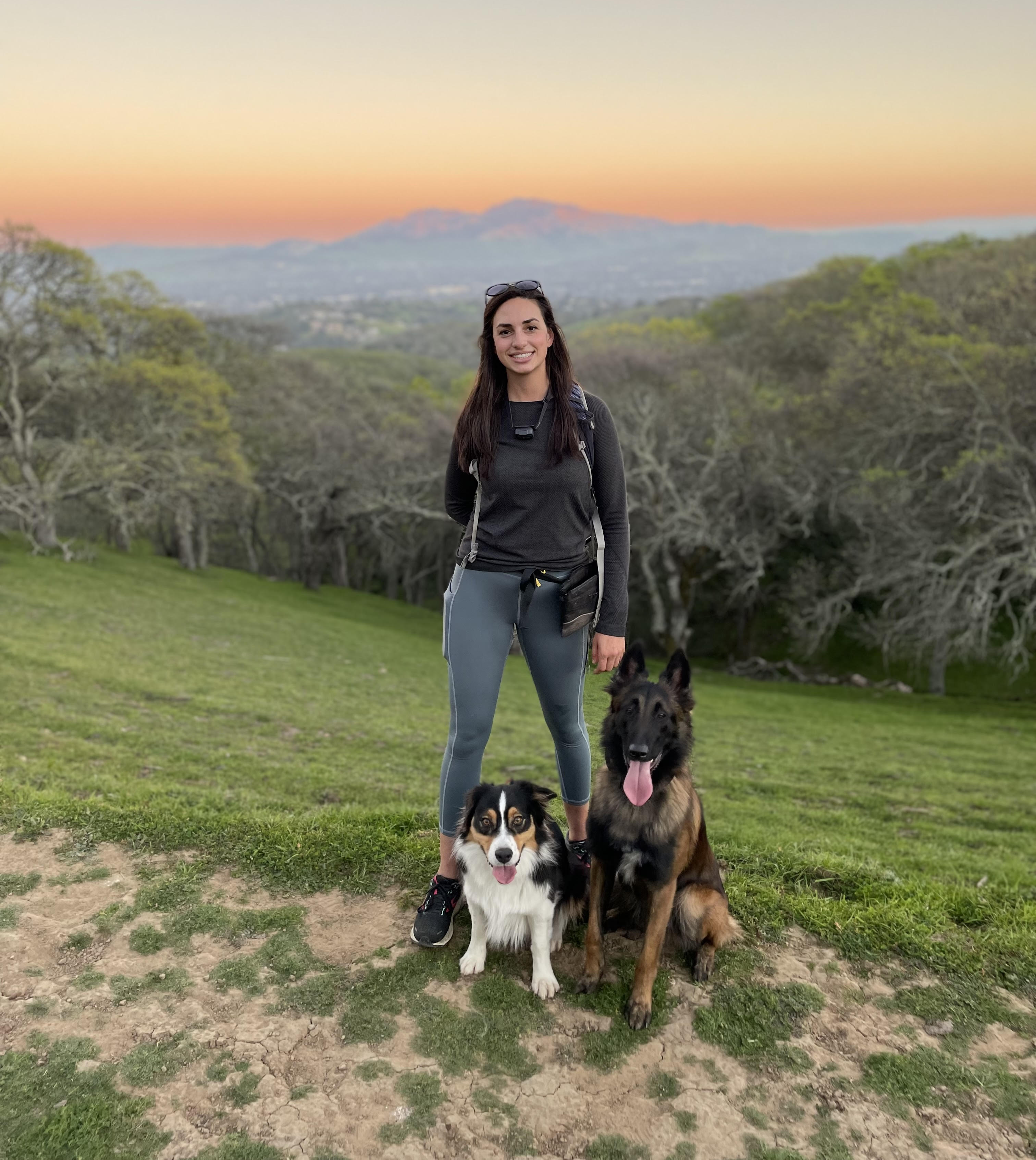 Woman In Grey Leggings And Black Top Standing Next To Two Dogs With Valley In The Background
