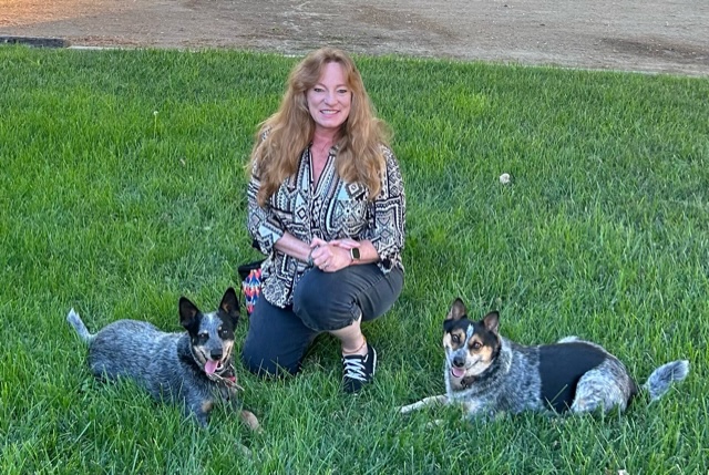 Blond Woman With Glasses Sitting In Park Grass With One Dog On Her Lap And Two Others Beside Her